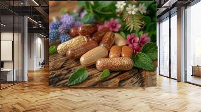 Herbal capsules and flowers on rustic wood background. Natural remedies and alternative medicine concept. Wall mural