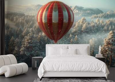 Hot air balloon flies over the winter forest. Wall mural