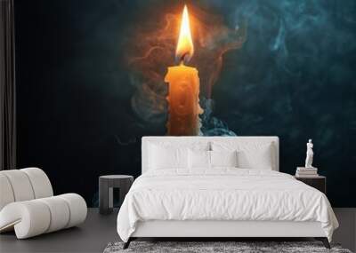 Lit candle with smoke rising in a dark setting Wall mural