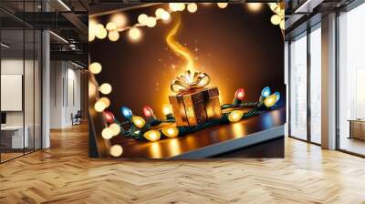 Magical holiday gift surrounded by twinkling lights and warm glow creating an enchanting atmosphere of celebration and joy for festive occasions Wall mural