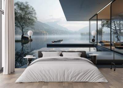 Modern glass home by tranquil lake with mountain view. Calm, serene, and minimalist design perfect for nature enthusiasts and architecture lovers. Wall mural