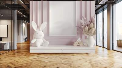 White framed mockup on pink wall with white dresser, bunny toy, and pampas grass. Wall mural