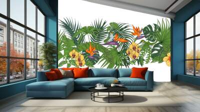 Hummingbirds and tropical plants,  seamless vector pattern Wall mural