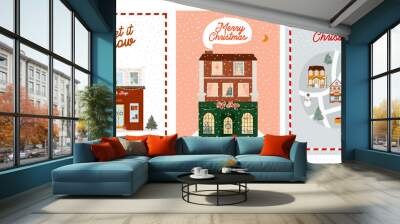 Collection of Christmas greeting cards with cute scandinavian houses with storefront and christmas map with car, houses, animals and tree. Editable vector illustration. Wall mural