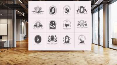 Collection of logotype with wild animals, mythology creature, plants and astrology elements. Editable vector illustration. Wall mural