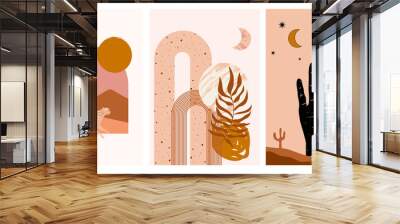 Collection of Modern Arts posters with abstract shape, animals, plants. Aesthetic Modern Art, Boho Decor, Minimalist Art. Editable Vector  contemporary poster illusration. Wall mural