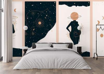 Collection of space and mysterious illustrations for stories templates, Mobile App, Landing page, Web design in hand drawn style. Magic, occultism and astrology concept.  Wall mural