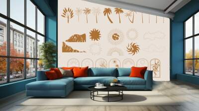 Collection of Summer Boho linear symbols, icons design. Sun, palm tree, landscape. Editable Vector Illustration. Wall mural