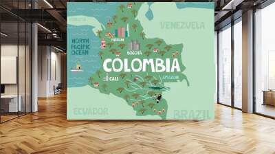 Illustration map of Colombia with city, landmarks and nature. Editable vector illustration Wall mural