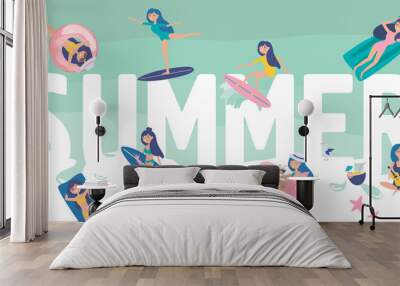 llustration with huge Summer lettering with girls surfing, swimming and spending time on the beach. Editable vector illustration Wall mural