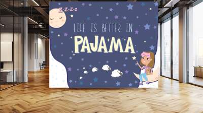 Pajama party poster with fun girls and. Invitation for slumber party. Editable vector illustration Wall mural