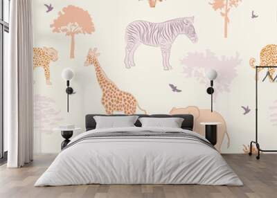 Seamless pattern with African wild animals and plants. Editable vector illustration. Wall mural