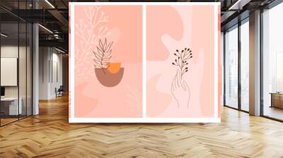 Set of abstract vertical background with autumn elements, shapes, plants and human hands in one line style. Background for mobile app page minimalistic style. Vector illustration Wall mural