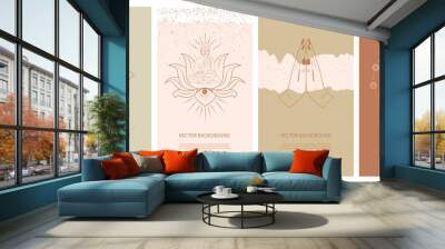 set of abstract vertical background with elements of buddhism and hinduism plants in one line style. Wall mural