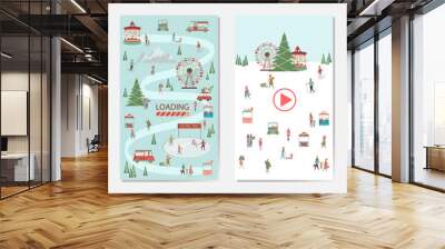 Set of Mobile App Page with Christmas Market landscape, houses in the Scandinavian style and people walking, snowboarding, sledding, ice skating, skiing. Editable vector illustration. Wall mural