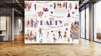 Set of people celebrating, funny cartoon style icons collection with men and women. Laughing and dancing young people at party. Editable vector  Wall mural