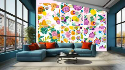 Set of seamless pattern with tropical fruits,shapes and leaves. Editable vector illustration Wall mural