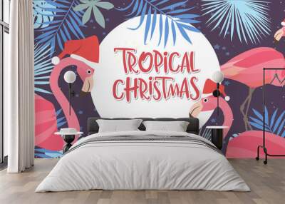 Tropical Christmas poster with flamingo. Merry Christmas greeting or invitation card. Editable vector illustration Wall mural