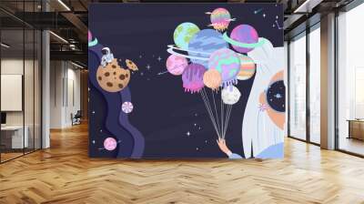 ПечатьSpace girl cartoon poster with fantasy sweets planets, stars, candy and girl. Birthday party invitation, Fantasy galaxy game concept. Editable vector illustration Wall mural