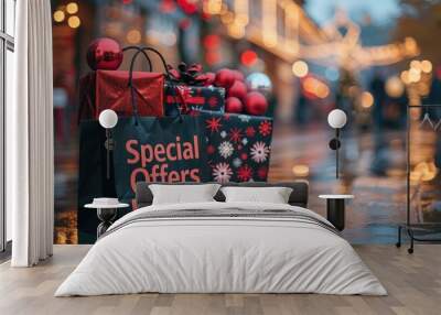 A black bag with special offers beside vibrant holiday gifts on a rainy street at dusk Wall mural