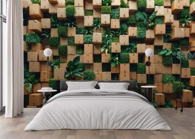 A creative arrangement of cardboard boxes interspersed with lush greenery in a modern indoor space Wall mural