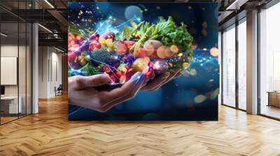 A creative blend of fresh produce and digital art showcasing the beauty of minimalism in food presentation at a vibrant urban setting Wall mural