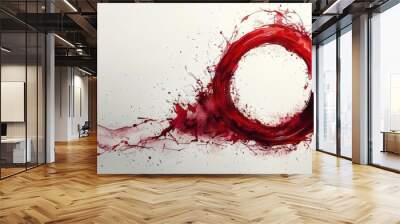 A vibrant red watercolor circle stain created by a glass of red beverage on white canvas Wall mural