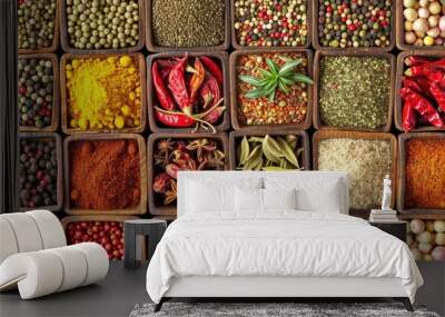 assorted spices in square compartments, top view. vibrant colors and textures, culinary variety conc Wall mural