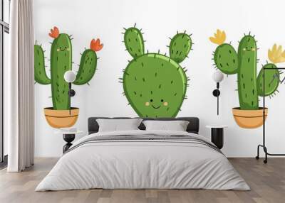 Colorful cactus vector collage illustrating cheerful desert plants in terracotta pots Wall mural