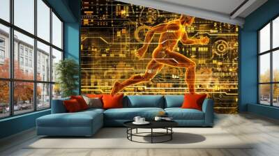 Dynamic human figure illustrating sport minimalism in a digital landscape at dusk Wall mural