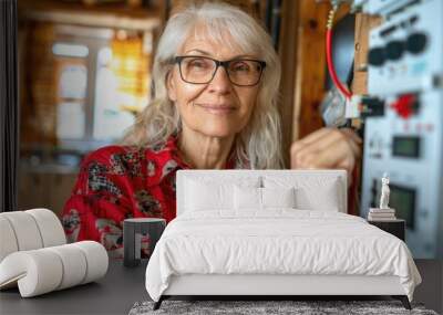 Elderly woman adjusting power consumption meter in home energy management setting Wall mural