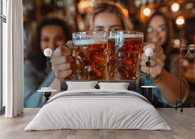 Multiracial Friends Toasting Beer at a Bar Wall mural