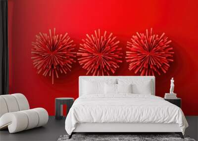 This vibrant illustration features three striking firework displays represented in a bold red hue Wall mural