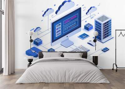 A computer monitor with a cloud and connected devices around it, on a white background Wall mural