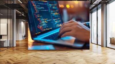 a person is typing on a laptop with a screen with a lot of code Wall mural