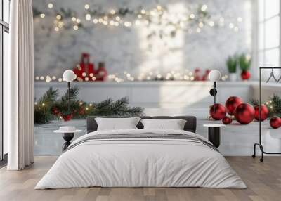 A white kitchen counter with lots of red Christmas decorations on it with copy space Wall mural