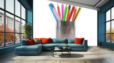 Colored pencils and pens in a pencil holder silver isolated from the white or transparent background Wall mural