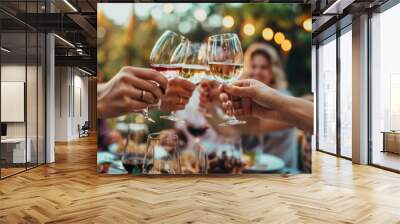 Friends having fun outdoors toasting glasses of wine Wall mural