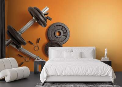 Metal dumbbell set. Isolated on orange background. Gym, fitness and sports equipment symbol. top view. space copy Wall mural