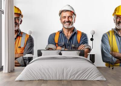 Middle age man construction worker smiling with arms crossed Wall mural