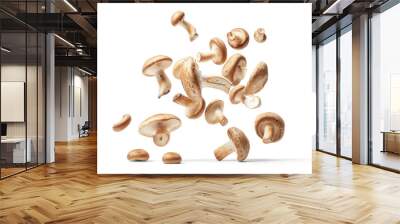 Mushrooms flying through the air isolated on white background Wall mural