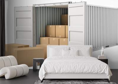 Open cargo container with cardboard boxes Wall mural