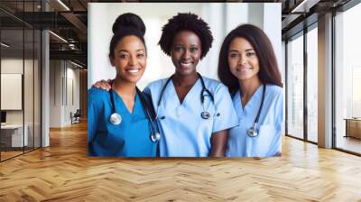 Portrait of happy multiracial female doctors and nurses looking at camera. Generative AI Wall mural