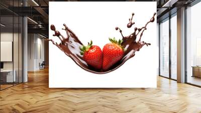 Strawberries with liquid chocolate falling isolated from transparent background Wall mural