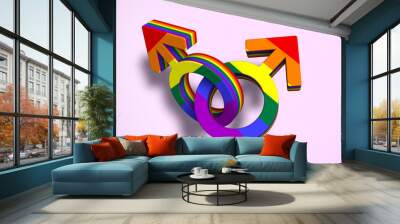 Two linked male symbols colored gay pride flag Wall mural