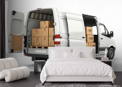 White cargo van with doors open and full of cardboard boxes for shipping, isolated on white or transparent background Wall mural