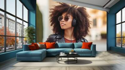 Young black woman in headphones listening to music in a city. Generative AI Wall mural