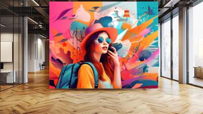 Young woman travels with backpack, modern art collage. Generative AI Wall mural