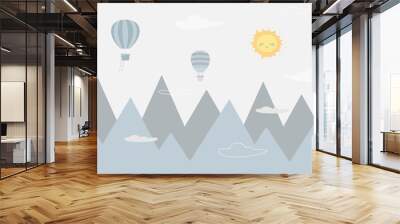 Fabulous mountain landscape with balloons flying over the mountains. Beautiful photo wallpapers for children's room. Vector illustration Wall mural