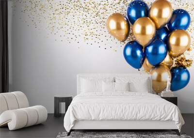 bright balloons in gold with blue, celebration background Wall mural